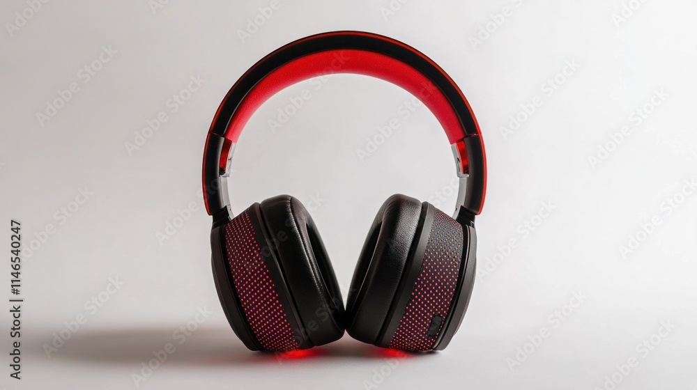 Over-ear wireless headphones with bold red LED lighting patterns, floating gracefully against a white backdrop Over-ear wireless headphones with bold red LED lighting patterns, floating gracefully against a white backdrop