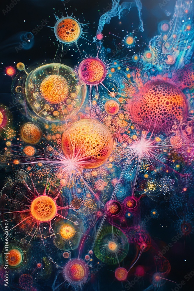 Obraz premium Vibrant abstract spheres, interconnected, cosmic.