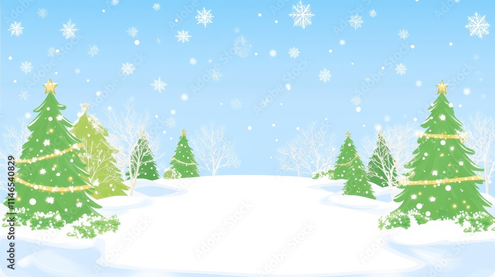Fototapeta premium Festive Winter Landscape with Snow-Covered Trees and Snowflakes Against a Blue Sky