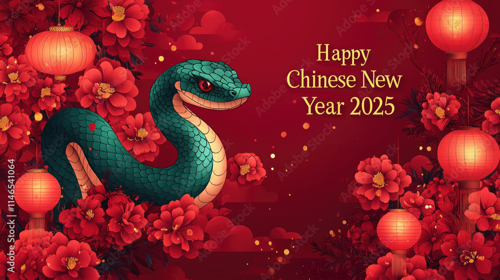 Fototapeta premium Chinese New Year 2025, green snake and traditional floral elements.