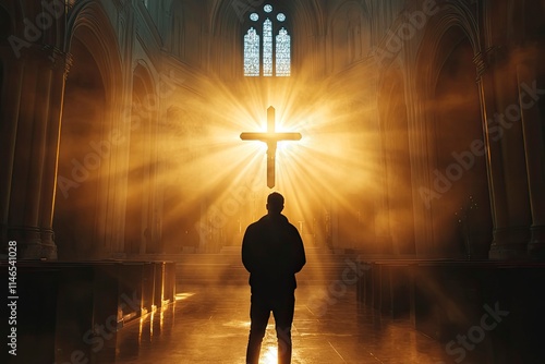 Christian standing in front of the cross of Jesus Christ with bright light shining on it, concept of faith and belief, grace and rebirth by the Holy Spirit 