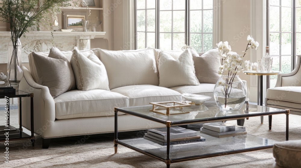 Fototapeta premium elegant living room with cream sofa and glass coffee table