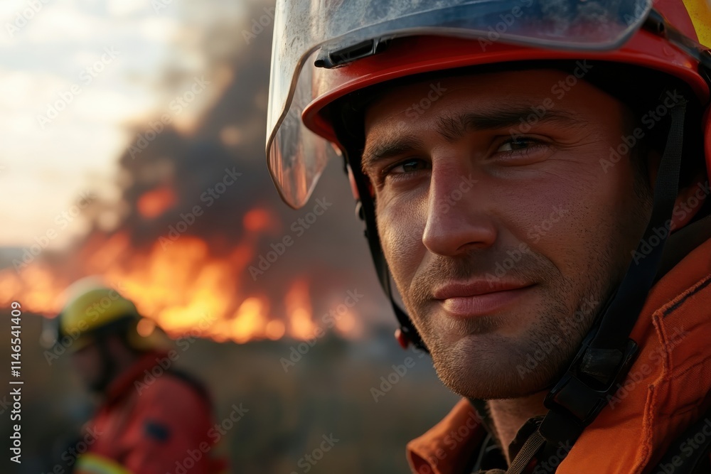 A contemplative firefighter stares unwaveringly towards a fiery inferno, symbolizing strength and the emotional burden faced by those combating dangerous wildfires. A contemplative firefighter stares unwaveringly towards a fiery inferno, symbolizing strength and the emotional burden faced by those combating dangerous wildfires.