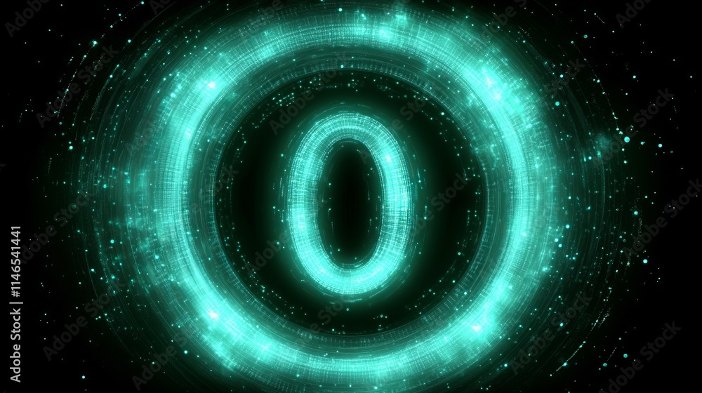 Glowing Teal Zero in Digital Ring of Light Glowing Teal Zero in Digital Ring of Light