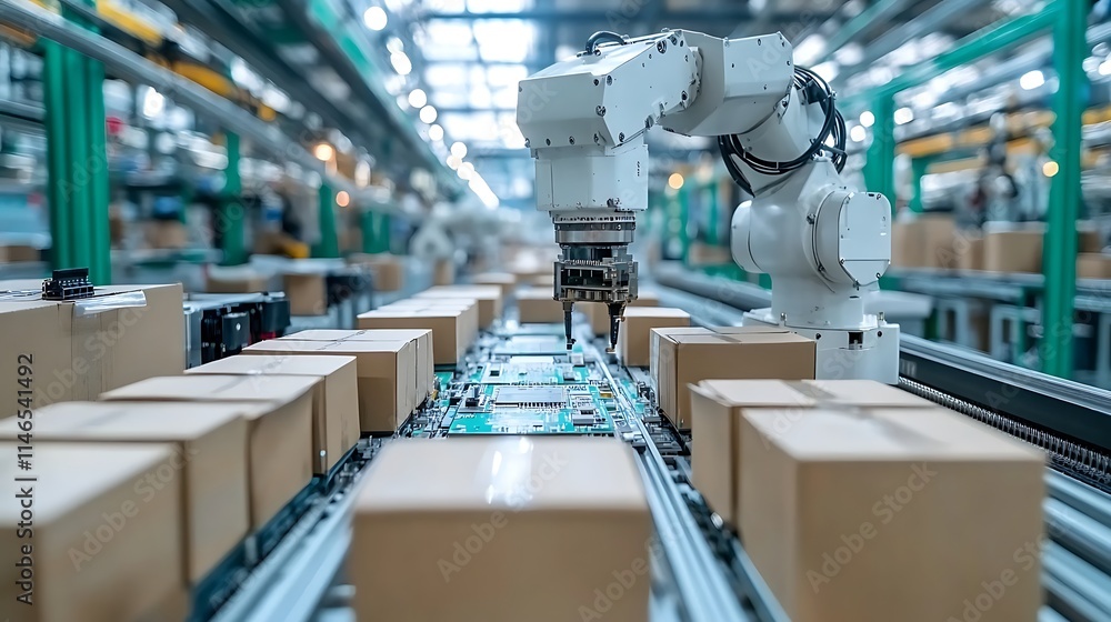 Robotics Automation in Action: A robotic arm deftly maneuvers a product along a conveyor belt within a modern factory setting, showcasing the efficiency and precision of automated manufacturing. Robotics Automation in Action: A robotic arm deftly maneuvers a product along a conveyor belt within a modern factory setting, showcasing the efficiency and precision of automated manufacturing.