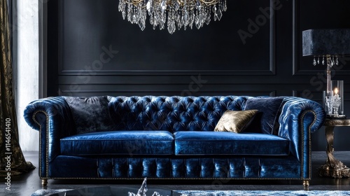 luxurious blue velvet chesterfield sofa in elegant dark room photo