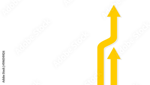 Two yellow arrows pointing upwards, one follows a straight path and the other passes it on the left. Concept of competition and rivalry.