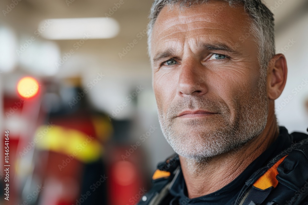 A portrait of a dedicated firefighter caught in a moment of concentration, reflecting the seriousness of his profession while conveying a sense of urgency and readiness. A portrait of a dedicated firefighter caught in a moment of concentration, reflecting the seriousness of his profession while conveying a sense of urgency and readiness.