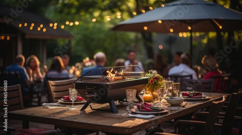 A group of people are gathered around a table with a grill and a large umbrella