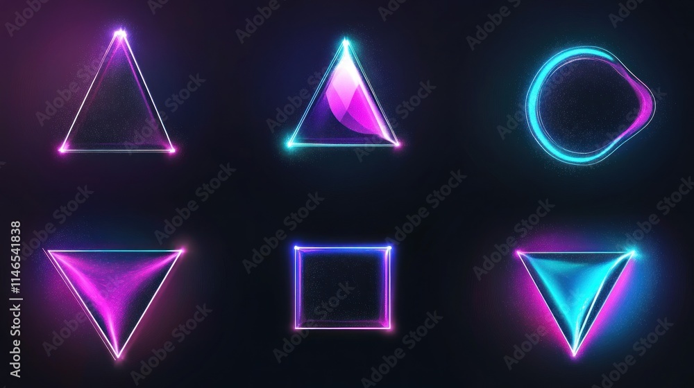 Neon geometric shapes in vibrant colors on a dark background. Neon geometric shapes in vibrant colors on a dark background.