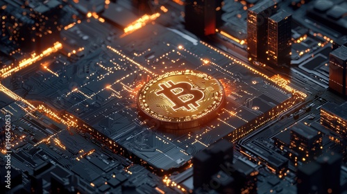 Golden Bitcoin Coin on Circuit Board in a Digital Finance Concept