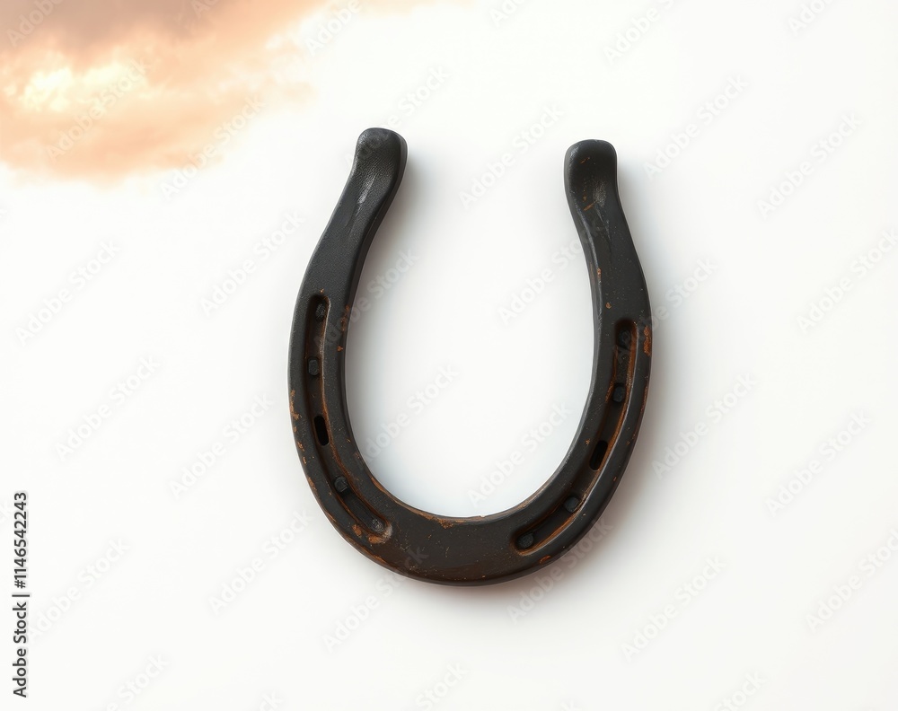 A dark horseshoe is centered on a smooth surface, illuminated by gentle natural light, creating a serene atmosphere during sunset A dark horseshoe is centered on a smooth surface, illuminated by gentle natural light, creating a serene atmosphere during sunset