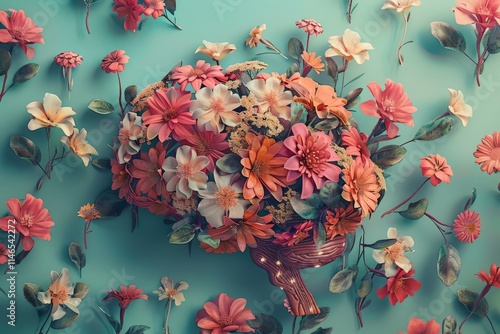 Soothing mental health poster with a floral brain motif