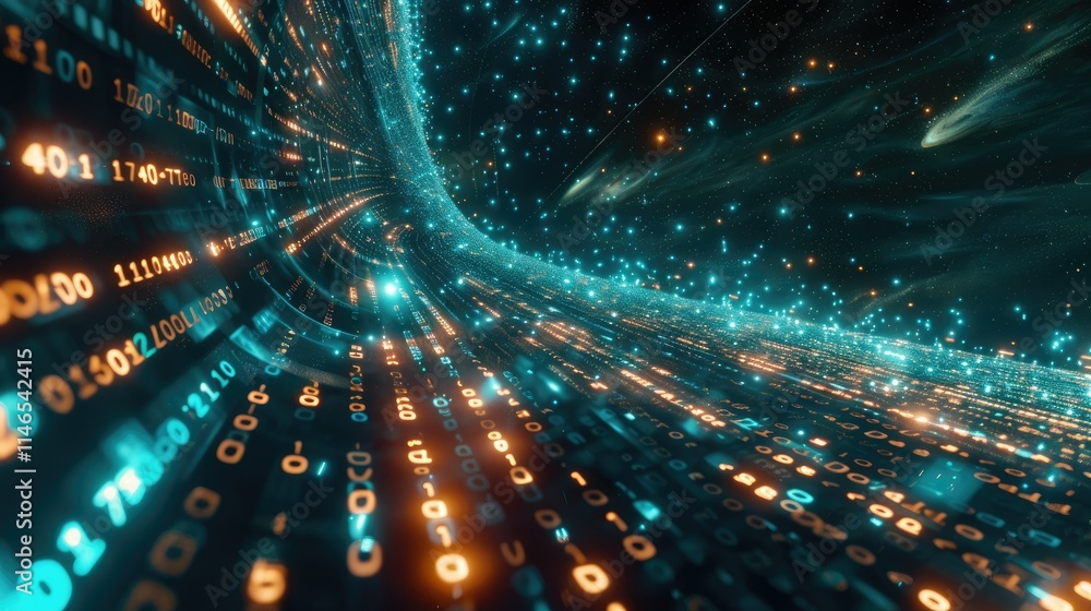 Obraz premium Abstract wave of binary code flowing through space
