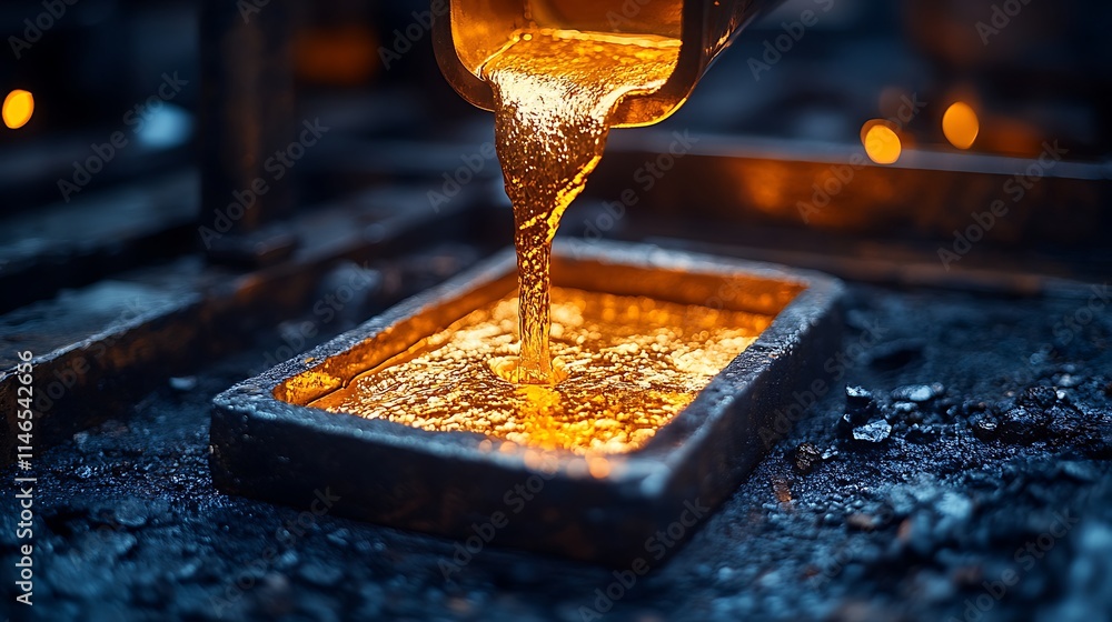 Molten Gold Pour: Precious metal casting process. Close-up view of liquid gold being poured into a mold. High-quality image perfect for industrial, financial, or luxury contexts.