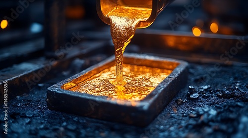 Obraz na płótnie Molten Gold Pour: Precious metal casting process. Close-up view of liquid gold being poured into a mold. High-quality image perfect for industrial, financial, or luxury contexts. w salonie