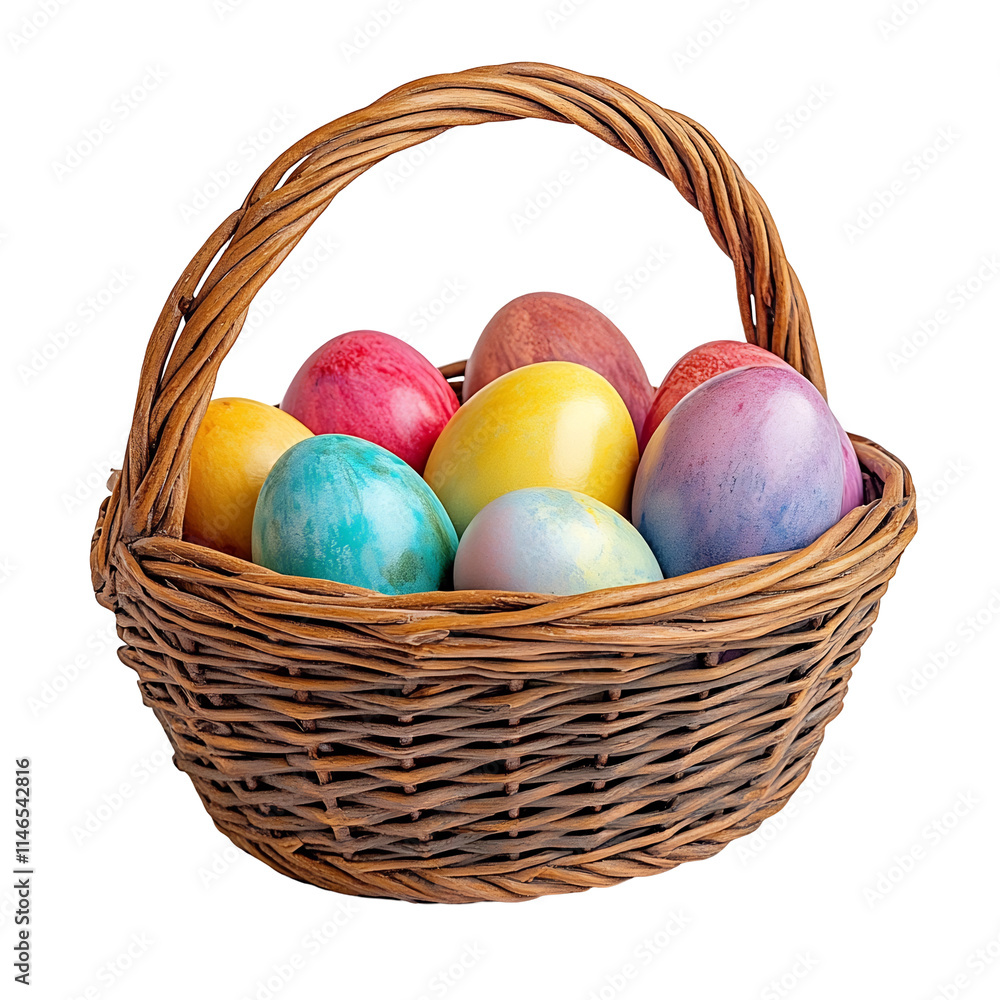 Vibrant Ombre-Dyed Easter Eggs Nestled in a Distressed Wooden Basket on a Plain White Background Vibrant Ombre-Dyed Easter Eggs Nestled in a Distressed Wooden Basket on a Plain White Background