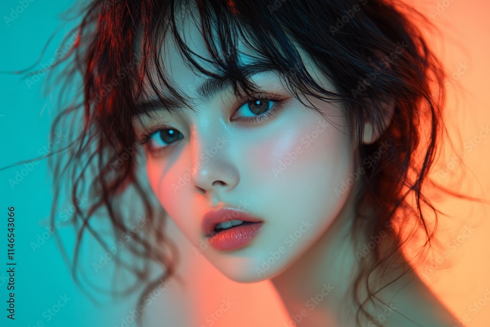 A close-up portrait of a young woman with curly hair and artistic lighting. A close-up portrait of a young woman with curly hair and artistic lighting.