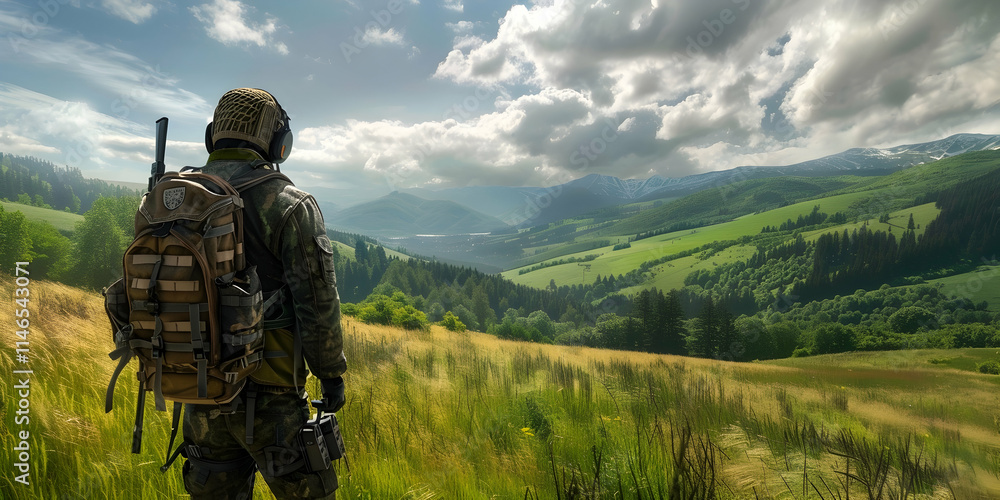 Soldier with backpack enjoying mountain view. Soldier with backpack enjoying mountain view.