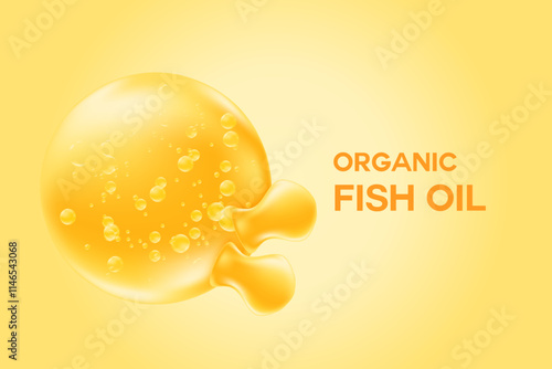 3D omega 3 fish oil soft gel capsules, illustration of glowing golden oil drop with fatty acid bubbles. Organic nutrition, ocean krill oil DHA, EPA supplements background.