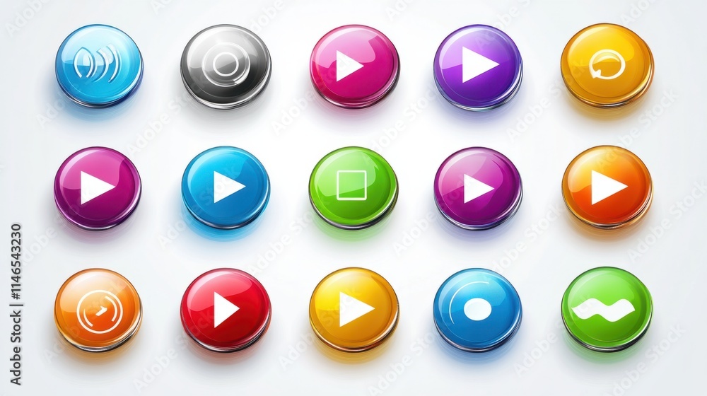 A detailed set of glossy multimedia icons in bright colors, including play, pause, and stop buttons, floating on white A detailed set of glossy multimedia icons in bright colors, including play, pause, and stop buttons, floating on white