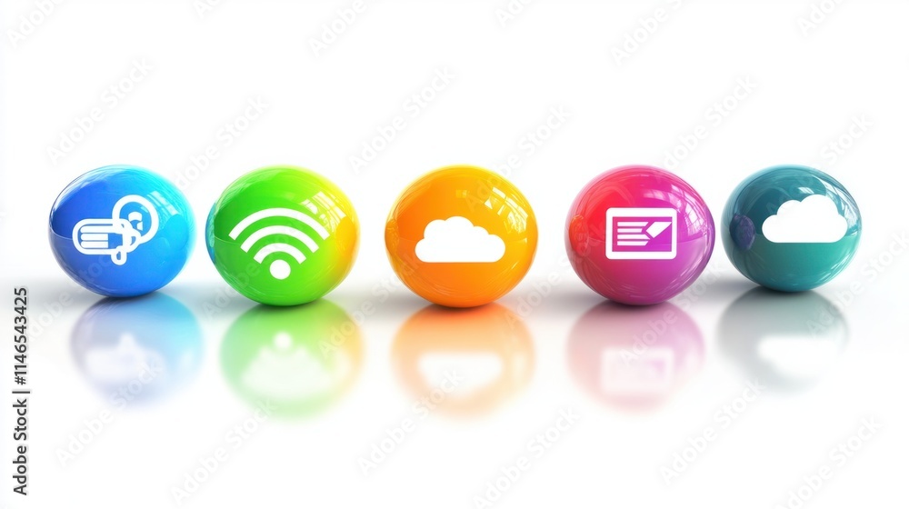 A group of colorful glossy internet icons, including Wi-Fi, browsers, and cloud symbols, rendered with sleek reflections, on white A group of colorful glossy internet icons, including Wi-Fi, browsers, and cloud symbols, rendered with sleek reflections, on white