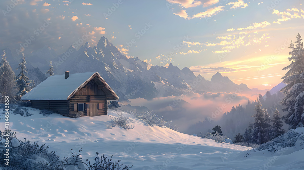 Snowy cabin in mountains at sunset, peaceful. Snowy cabin in mountains at sunset, peaceful.