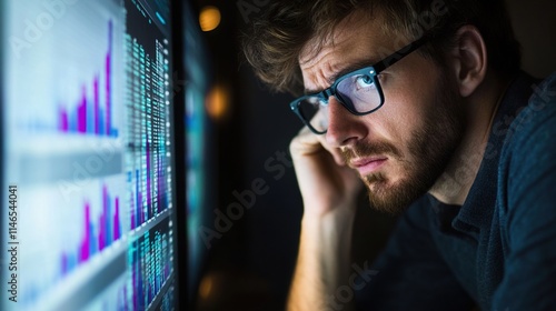 Person looking worried at computer screen, reflecting the pressures and challenges of modern digital life.   Navigating complex technology and information overload.