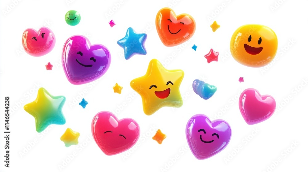 A playful set of colorful glossy emoji icons, including smiles, hearts, and stars, floating against a clean white backdrop A playful set of colorful glossy emoji icons, including smiles, hearts, and stars, floating against a clean white backdrop