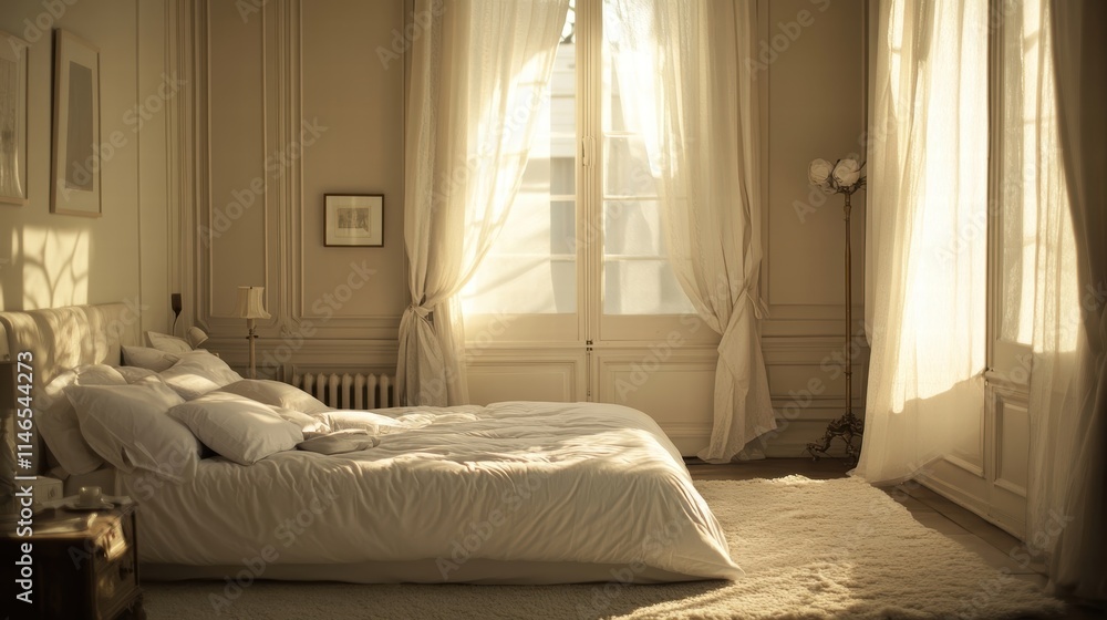 Fototapeta premium sunlit bedroom with white bedding and sheer curtains