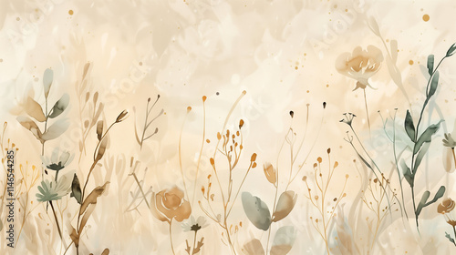 Watercolor Wildflowers and Grasses in Muted Earth Tones on Textured Beige Background