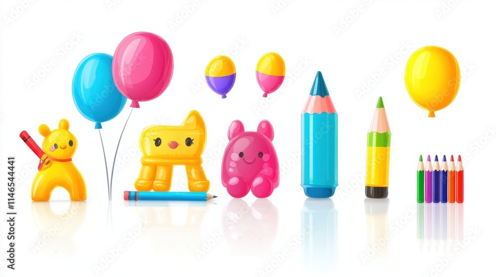 Obraz premium A playful set of glossy kids' icons, featuring toys, balloons, and crayons, rendered with bright colors and reflections, on white