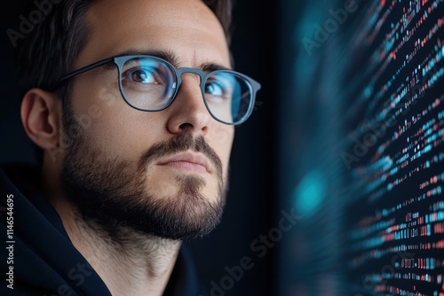 A contemplative man with glasses stands against a backdrop of cascading digital data, illustrating the merge of human thought and technology in modern life.