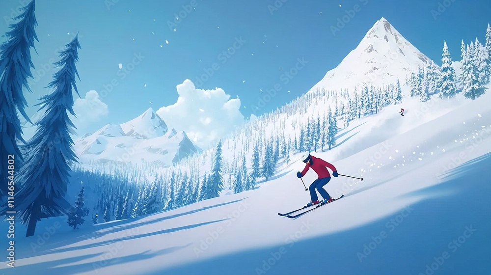 Stunning illustration of a skier gliding down a snowy mountain slope, surrounded by picturesque winter scenery. Stunning illustration of a skier gliding down a snowy mountain slope, surrounded by picturesque winter scenery.