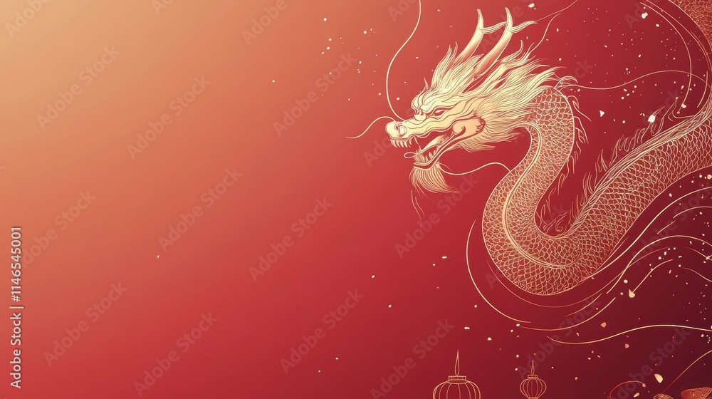 A clean and simple Chinese New Year background, a gold line-drawn dragon in profile stretching across a red gradient A clean and simple Chinese New Year background, a gold line-drawn dragon in profile stretching across a red gradient