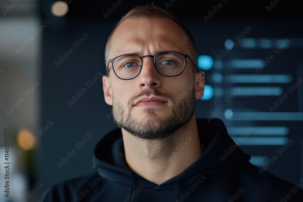 A pensive man with a focused expression stands in front of dark screens, symbolizing the challenges and opportunities of the digital age he navigates. A pensive man with a focused expression stands in front of dark screens, symbolizing the challenges and opportunities of the digital age he navigates.