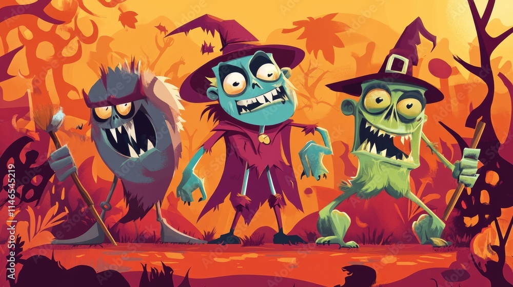 Obraz premium Playful Cartoon Creatures: Classic Halloween Monsters in Whimsical Styles