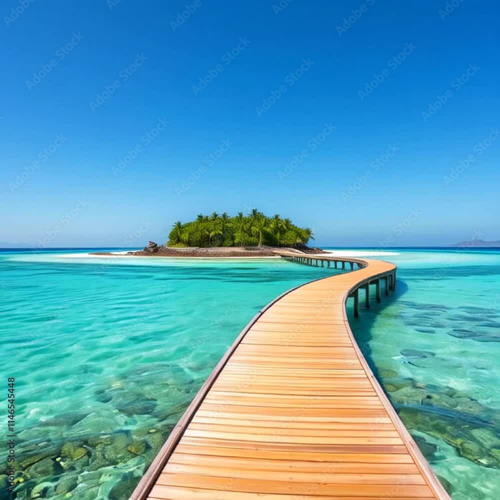 A serene tropical island surrounded by clear turquoise waters with a wooden boardwalk leading up to it. The island features lush green trees, some rocky terrain, and is surrounded by calm sea under a A serene tropical island surrounded by clear turquoise waters with a wooden boardwalk leading up to it. The island features lush green trees, some rocky terrain, and is surrounded by calm sea under a