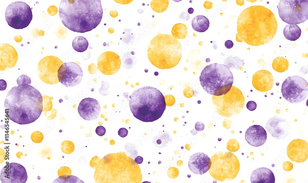 Purple and gold watercolor circles and dots on white background. Purple and gold watercolor circles and dots on white background.