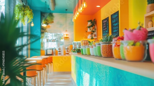 vibrant juice bar interior with colorful decor and fresh ingredi photo