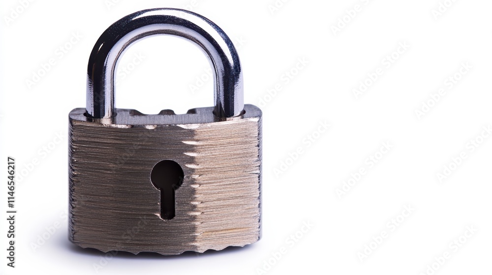 A metallic padlock with a shiny silver shackle and a keyhole, symbolizing security and protection. A metallic padlock with a shiny silver shackle and a keyhole, symbolizing security and protection.