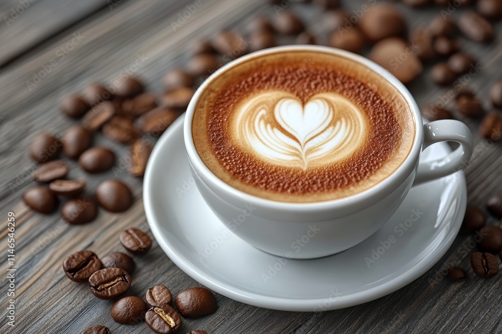A beautifully crafted latte with heart art, surrounded by coffee beans on a wooden surface. A beautifully crafted latte with heart art, surrounded by coffee beans on a wooden surface.