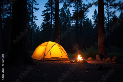 Serene Night Camping Scene Featuring Glowing Tent Surrounded by Trees and Campfire in a Tranquil Forest Environment