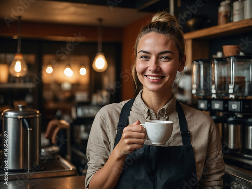 Barista serving coffee local  cozy lifestyle portrait warm environment close-up view joyful experience photo