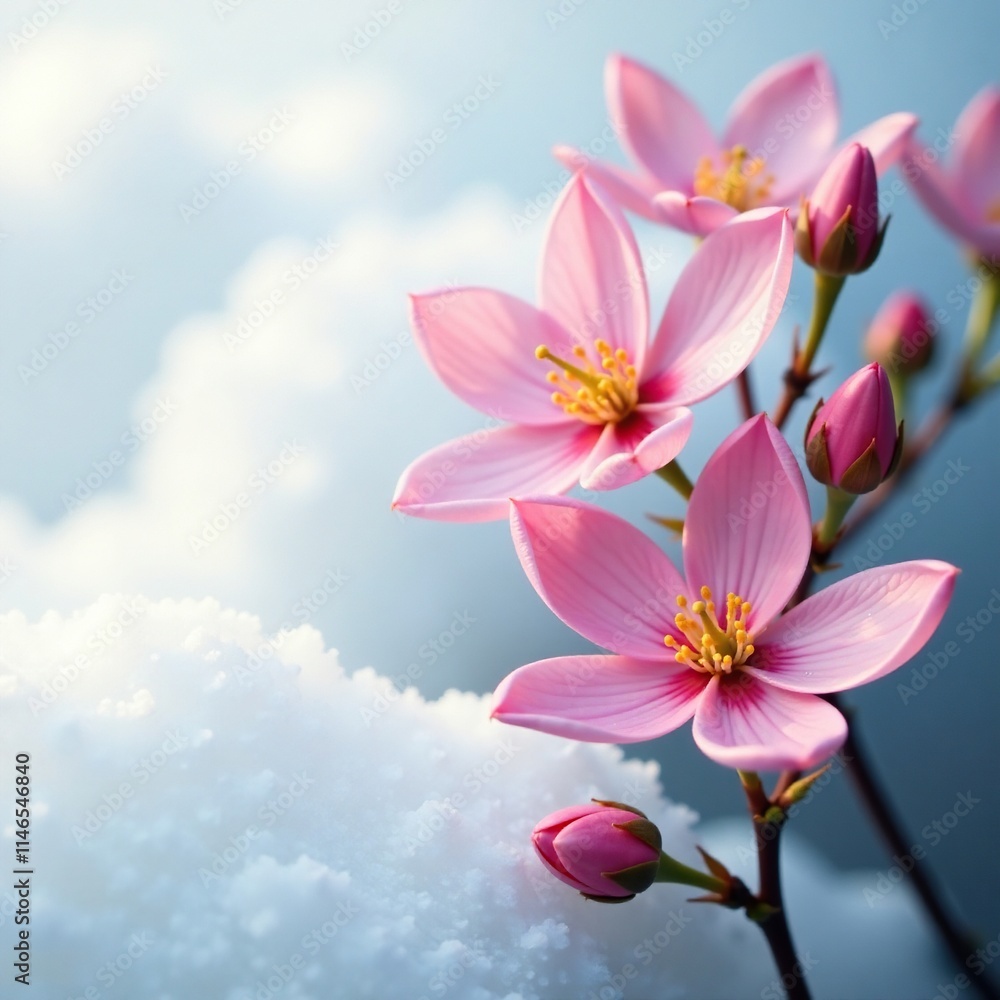 Fototapeta premium Delicate pink flower blooms on snowy white background, floral, pink flowers