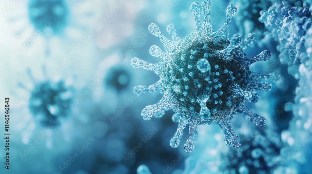 A close-up 3D virus cell rendering, showcasing its structural components and spike arrangements, on a clean white background A close-up 3D virus cell rendering, showcasing its structural components and spike arrangements, on a clean white background