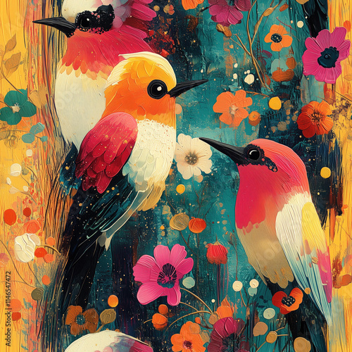 Colorful birds surrounded by vibrant flowers and foliage in a lush natural setting