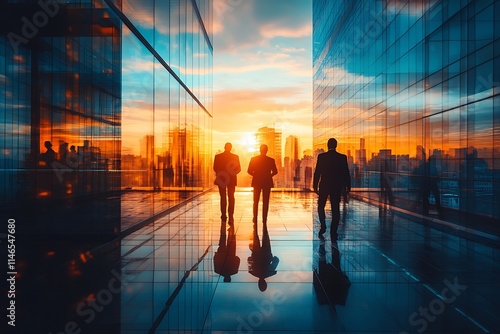 City Skyline Businessmen Sunset Reflections photo