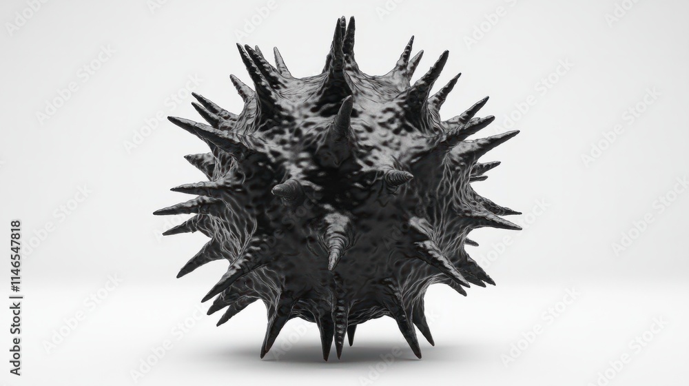 A detailed 3D virus cell with a spherical core and sharp spikes radiating outward, isolated on a clean white background A detailed 3D virus cell with a spherical core and sharp spikes radiating outward, isolated on a clean white background