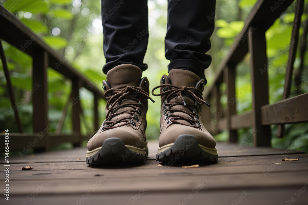 Hiking Boots on a Wooden Bridge Surrounded by Lush Greenery in a Natural Setting Perfect for Outdoor Exploration and Adventure Photography Hiking Boots on a Wooden Bridge Surrounded by Lush Greenery in a Natural Setting Perfect for Outdoor Exploration and Adventure Photography